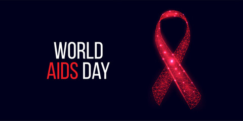 World Aids Day concept. Banner template with glowing red ribbon awareness. Vector illustration.