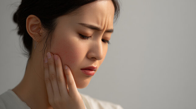 Young woman with toothache holding cheek in pain, expressing discomfort and distress