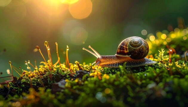 Snail crawling on vibrant green moss, backlit by sun creating a blurred bokeh effect with morning dew drops