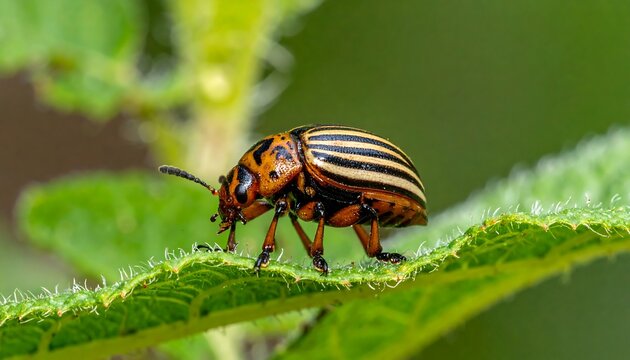 Striped beetle rests atop a textured green leaf, bathed in sunlight against a blurred green background - Powered by Adobe
