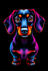 Neon Dachshund Portrait in Glowing Purple, Pink, and Orange Hues: Stylized Cute Sausage Dog with Expressive Eyes, Modern Animal Illustration