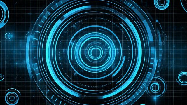 Futuristic blue digital interface with circular elements and grid pattern for tech designs