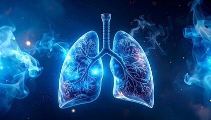 Lungs, translucent blue against a dark smoky background, showcasing intricate internal detail and bright glowing spots