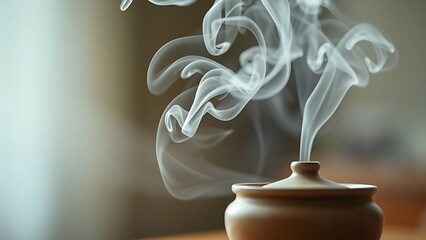 soliloquy. White smoke rising from a simple ceramic incense burner in soft indoor light. event programs, museum guides, designed for cultural heritage projects and event programs, supports education.