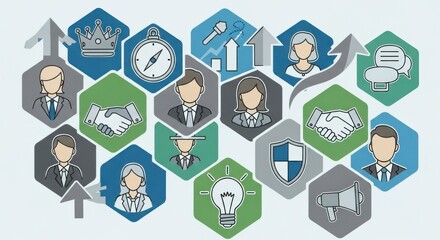 A group of business icons arranged in a circular pattern on a blue background.