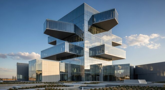 A modern glass and steel building with a futuristic design, featuring a unique architectural style with multiple levels and glass panels.