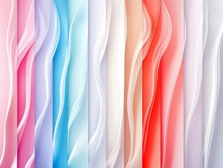 Fototapeta premium A vibrant abstract background featuring flowing, translucent fabric waves in a spectrum of pastel pink, purple, blue, and red hues, illuminated by soft light.