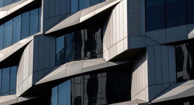 A modern building with a unique facade featuring geometric shapes and reflective glass panels.