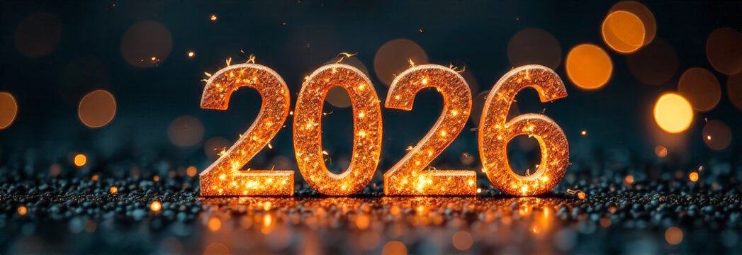 banner, signboard with golden numbers 2026 on a black background. New Year's Eve celebration. a greeting card.