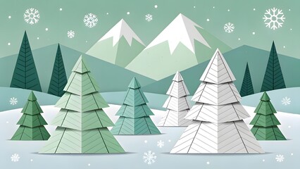 Obraz premium Geometric winter landscape with snow covered mountains and trees