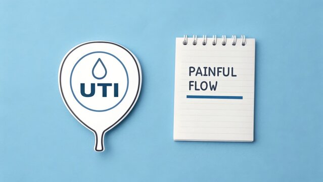 UTI bladder icon beside a notebook describing painful flow