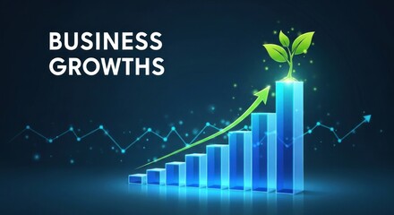 A glowing green plant with leaves growing on a blue bar graph with an upward arrow, against a dark blue background with a glowing line and a few scattered dots.