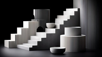 Obraz premium A monochromatic studio scene featuring an abstract arrangement of geometric shapes, including a multi-tiered staircase, cylindrical pedestals, and simple bowls,