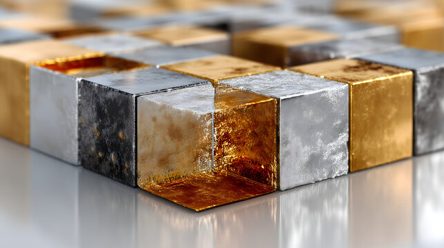 Macro view of metallic gold and silver textured cubes arranged in a geometric pattern with reflective surfaces and an open glowing cube revealing vivid golden interior, luxury abstract design
