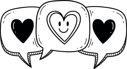 Three hand drawn speech bubbles with hearts conveying love and happiness
