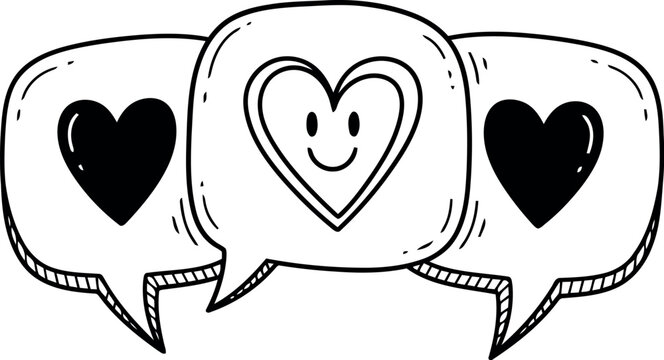 Three hand drawn speech bubbles with hearts conveying love and happiness