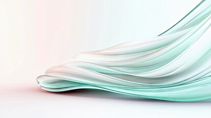 An abstract, flowing form with translucent layers in shades of teal and white, set against a soft gradient background with subtle pink and blue hues. The lighti