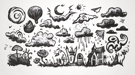 Hand-drawn whimsical illustration of clouds, houses, and nature elements