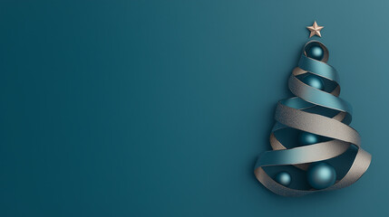 Holiday Greeting Card with Christmas Tree, Gift Box, and Ribbon on Blue Background