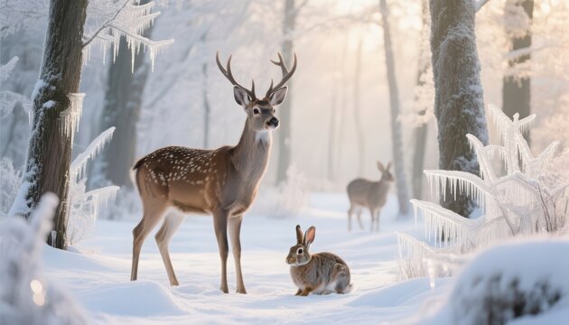 Deer and rabbit standing in a snowy winter forest with icicles. Winter season and wildlife animal concept for nature photography.