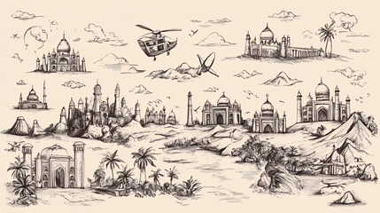 Hand-drawn illustration of Indian landmarks, monuments, and architecture