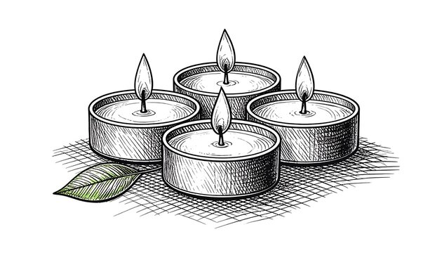 Four tealight candles glowing with a small leaf detail, depicted in an ink drawing style
