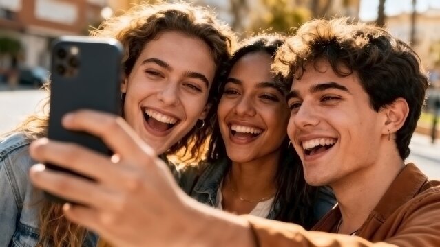 Group Taking Selfie Smartphone Happy Friends Moment