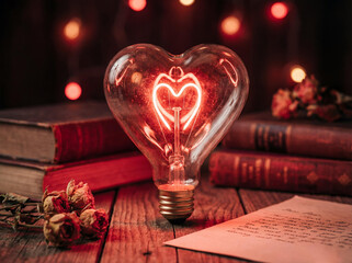 Vintage heart shaped light bulb glowing red on wooden table with books, dried roses and handwritten letters in warm romantic lighting