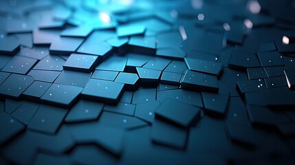 An abstract, dark blue geometric surface with scattered light particles and soft blue lighting, creating a futuristic and technological mood.