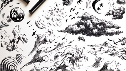Hand-drawn illustrations of weather elements, perfect for creative design projects