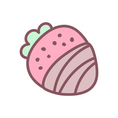 Cute strawberry in chocolate icon. Doodle illustration of pink pastel strawberry dipped in chocolate with green top. Kawaii sticker. Vector 10 EPS.