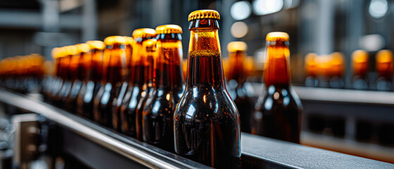 Bottles of craft beer moving along the production line in a brewery during afternoon hours