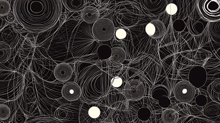 Abstract black and white artwork with circles and lines