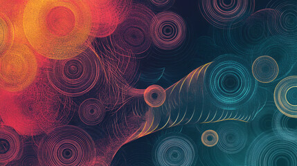 Abstract digital art with colorful circles and flowing lines on a dark background