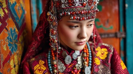 Obraz premium Thoughtful young woman in vibrant traditional East Asian attire and jewelry.
