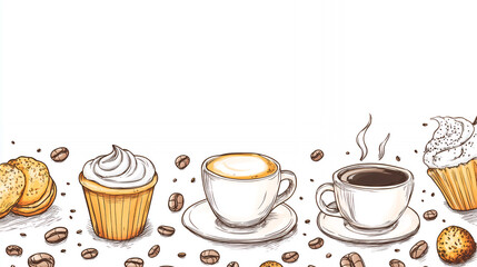 Coffee and pastries illustration with cupcakes, coffee cups, and beans