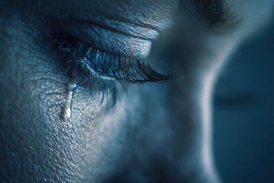 Soft-focus macro close-up of a sorrowful eye, teardrop on eyelashes, blue tint and delicate tear trail
