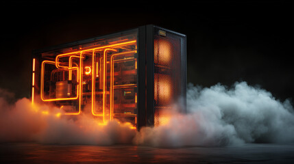 Liquid Cooled Server Rack with Fog. A powerful server rack with glowing orange coolant flowing through transparent pipes. Cool white fog spills from vents at its base creating a dramatic industrial ae