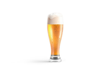 Blank transparent beer glass mockup, png, transparent background, 3d rendering. Empty imperial or weizen mug with gold craft ipa foam mock up, cut out.