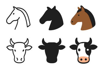 Fototapeta premium Horse and Cow Icons. Linear minimalistic horse icon: horse head outline with mane, uniform line thickness, no fill, Solid horse