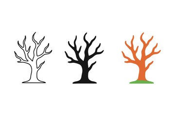 Obraz premium Eerie Tree Trio. Minimalist eerie tree icon: three identical twisted trees in a row, first in line style with thin outline, second