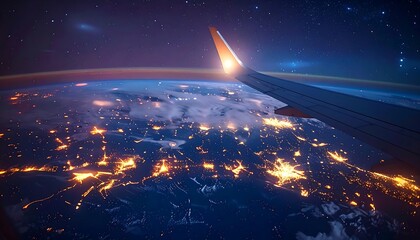 Aerial view of Earth at night, lights twinkling below, airplane wing in frame, seen from the sky