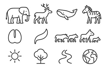Obraz premium Mammal Migration Icons. Line style icons of Mammal Migration: Elephant, Caribou, Whale, Zebra; Footprint, Tail, Herd, Leader; Sun,