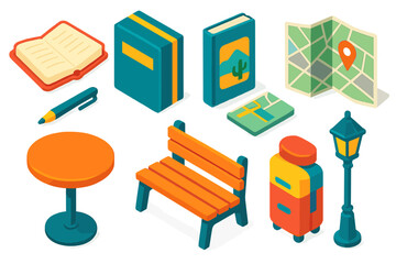 Colorful Travel Essentials. Isometric vector illustration set Travel gear – travel journal, pen, notebook; travel guidebook, city