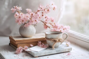Spring still life photograph with marble tray, coffee cup, vintage books and pink sakura blossoms by a sunlit window