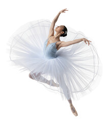 Naklejka premium Young Asian female ballet dancer in soft pastel costume twirling elegantly