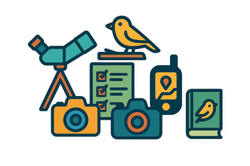 Birdwatching Icon Trio. Linear minimalistic birdwatching icon: spotting scope, bird on branch, checklist, camera, GPS device,