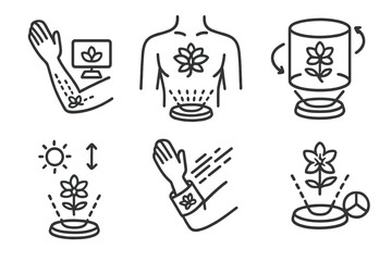 Holographic Tattoo Previews. Line style icons of holographic tattoo previews: arm preview display, chest pattern projection,