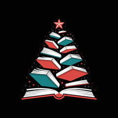 Books are stacked creatively to form the shape of a Christmas tree.