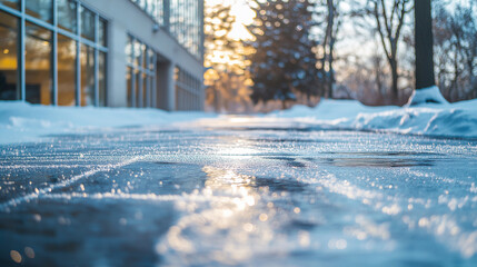Naklejka premium Icy Sidewalk in Front of Building Entrance During Winter, dangerous icy sidewalk near building, ice covered cobblestones in winter, generative ai